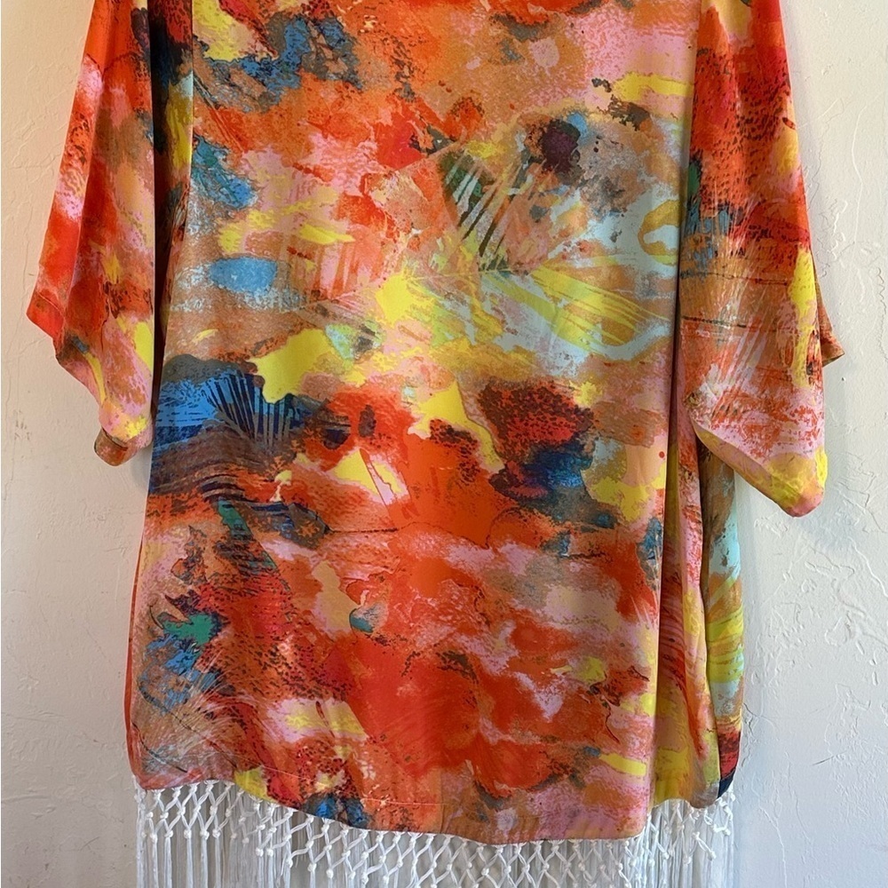 Gianni Bini Vibrant Multicolor Avant Garde Kimono Cover Up with Fringe Sz XL - Picture 8 of 12
